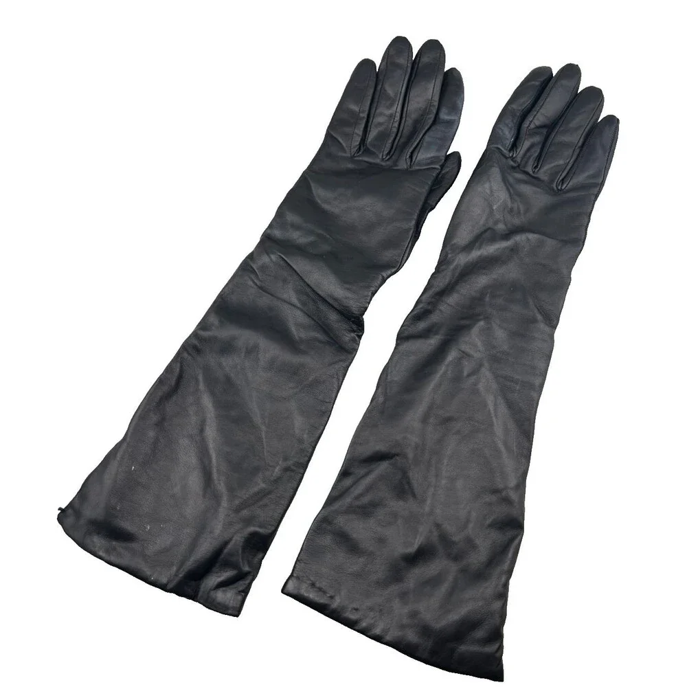 PORTOLANO Women's Size 7 Black Long Leather Gloves Cashmere Lined ITALY Luxe